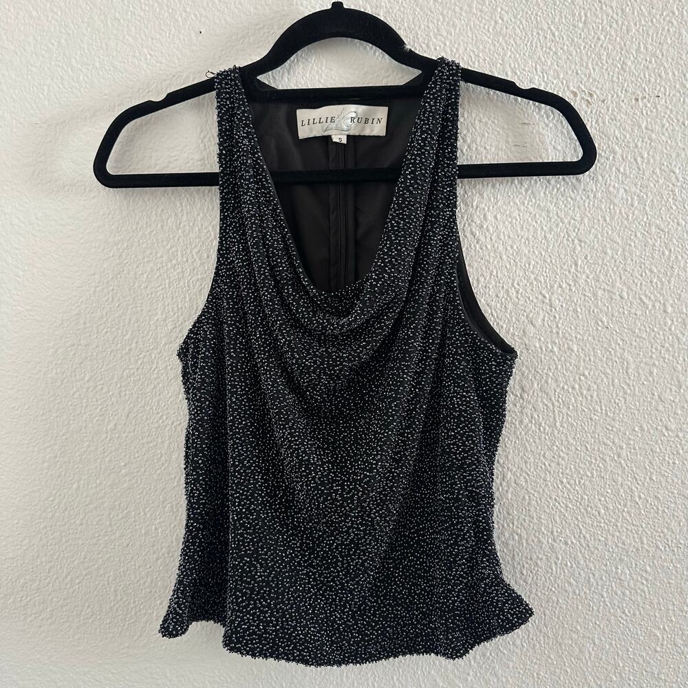 Lillie Rubin Beaded Cowl Neck Sleeveless Silk Tank Top Black Size Small